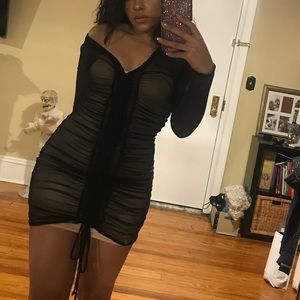 Black Mesh Ruched Dress